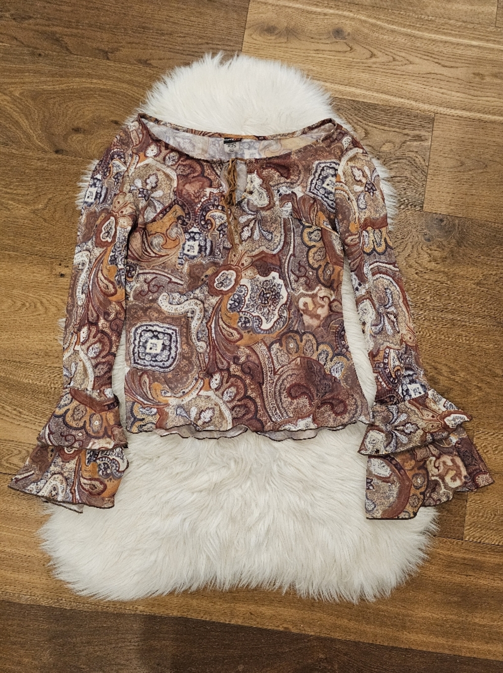 Vintage Studio Y Paisley Ruffle-Sleeve Blouse in Brown and Cream